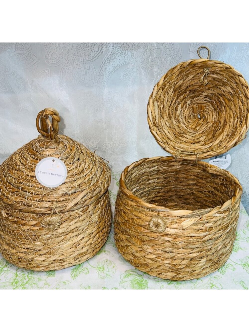 2 Woven Beehive Baskets w Lid Set Of 2 Handmade Natural Grass Storage Containers